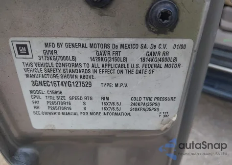 2000 Chevrolet Suburban 1500 Lt из США, поврежденный, VIN 3GNEC16T4YG127529